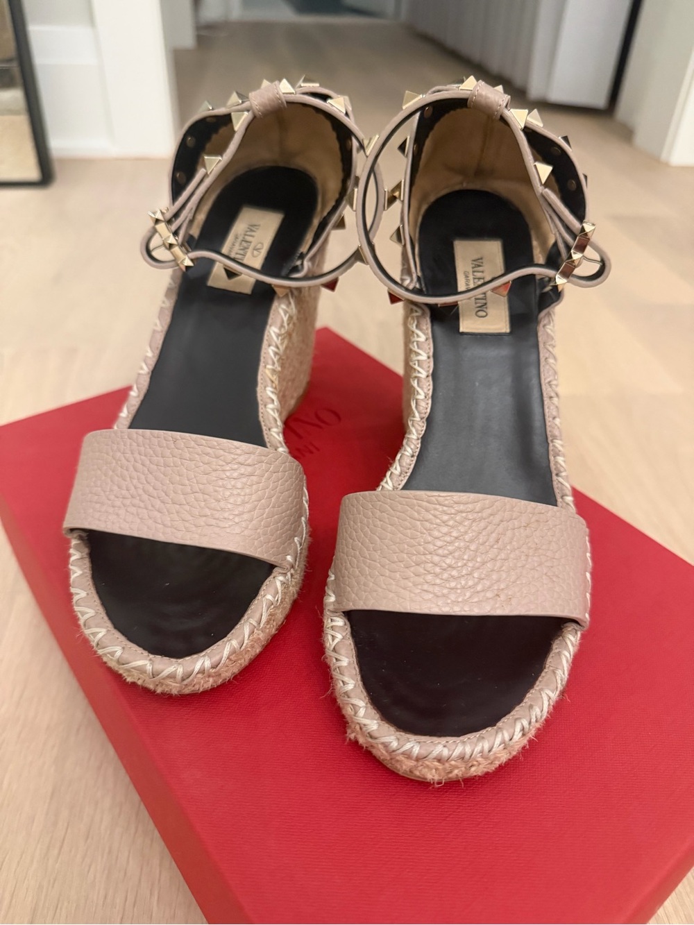 Valentino Nude Pink Leather Studded Ankle-Strap Espadrille Wedge Sandals
